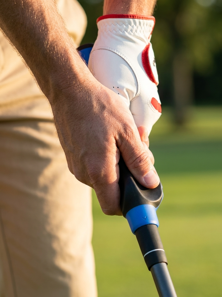 Close-up of golfer's hand in correct grip on club with The Clubsman attached